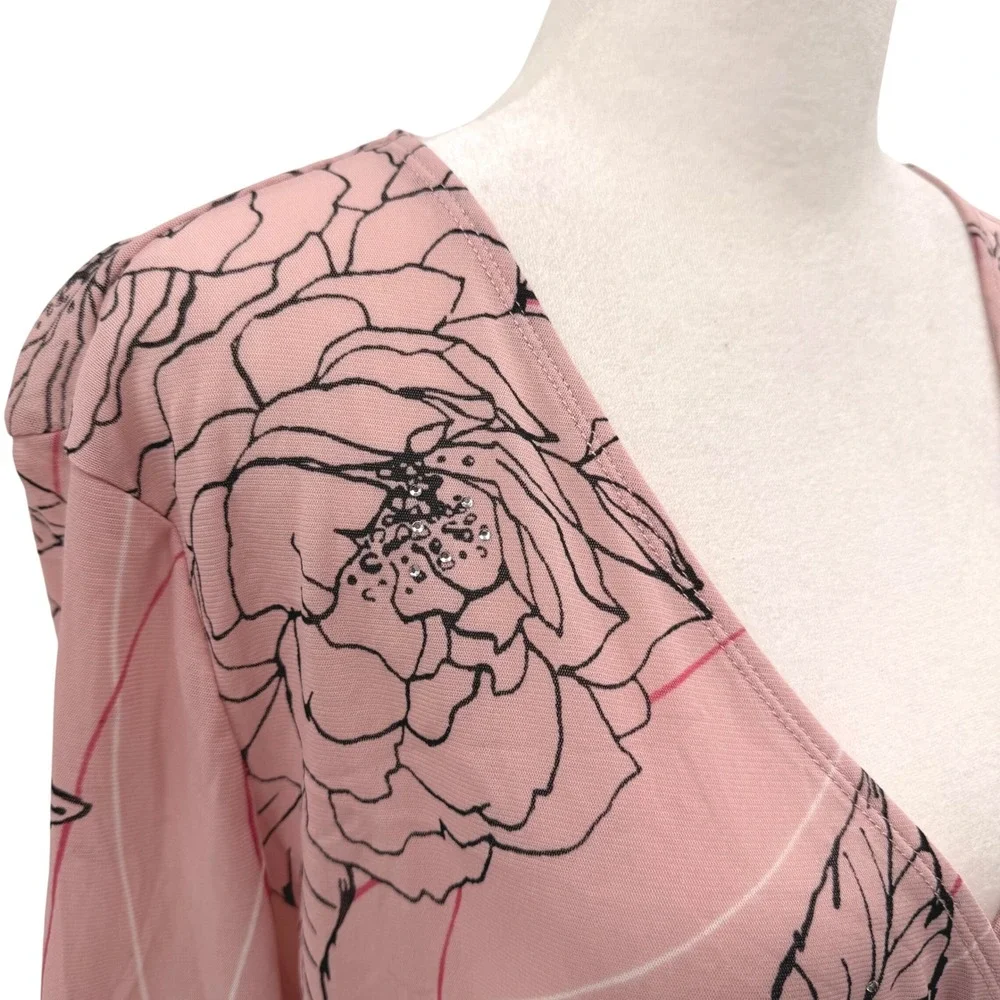 Vintage Y2K The Limited Blouse XL Faux Wrap Sheer Floral Rhinestone Lettuce Hem - Picture 5 of 9